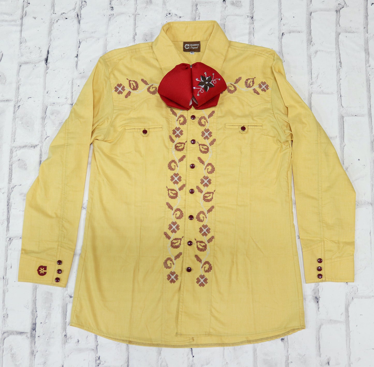 L (40) Charro Lemon Yellow Shirt Camisa Charra Flor Bordada