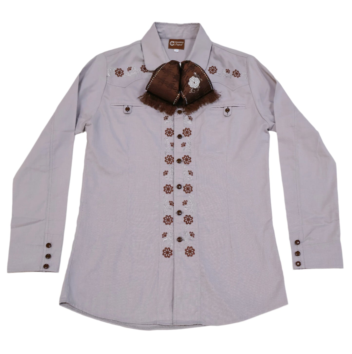 38 (M) Charro Gris Cafe Shirt Camisa Charra Bordada