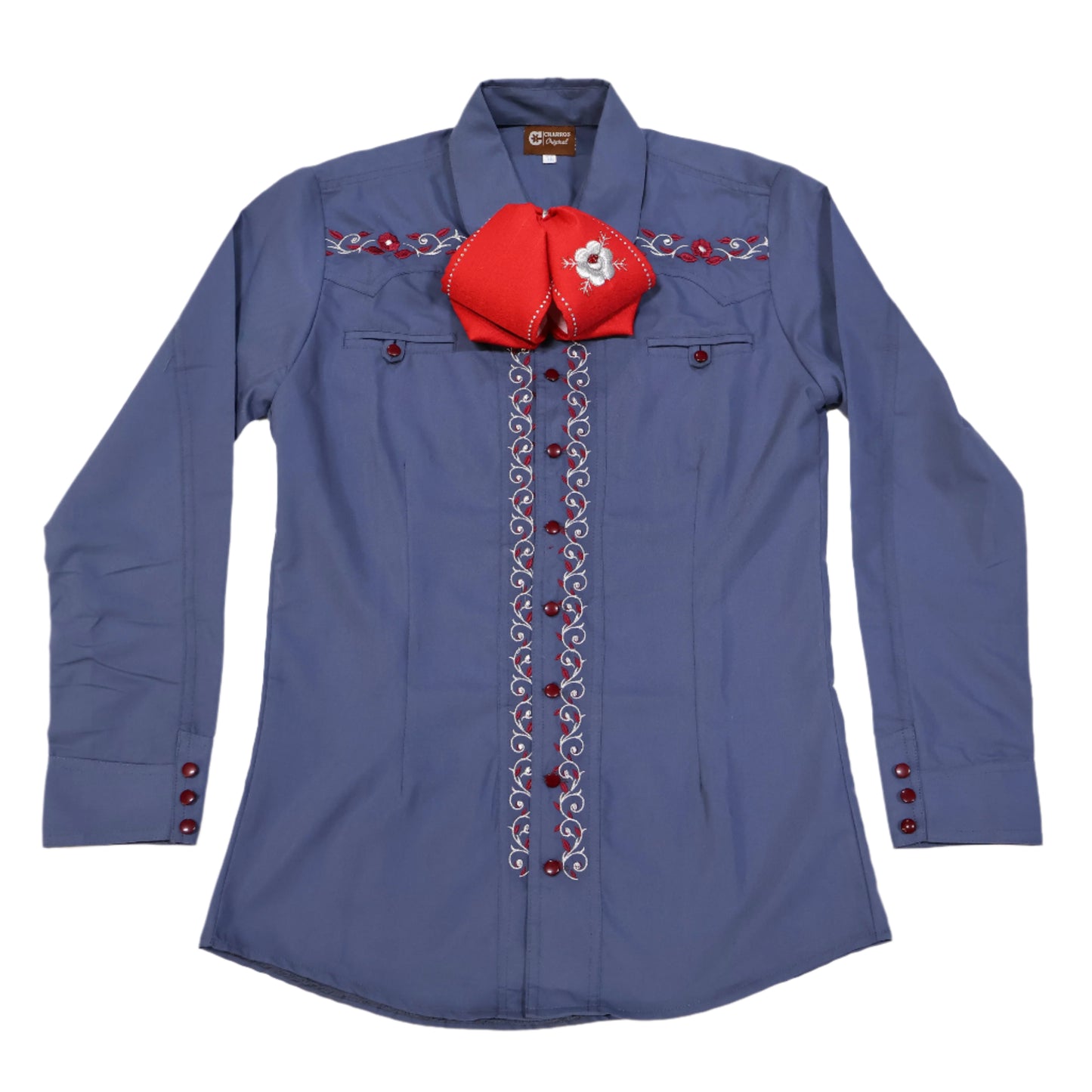 38 (M) Azul Charro Shirt Camisa Charra Bordada