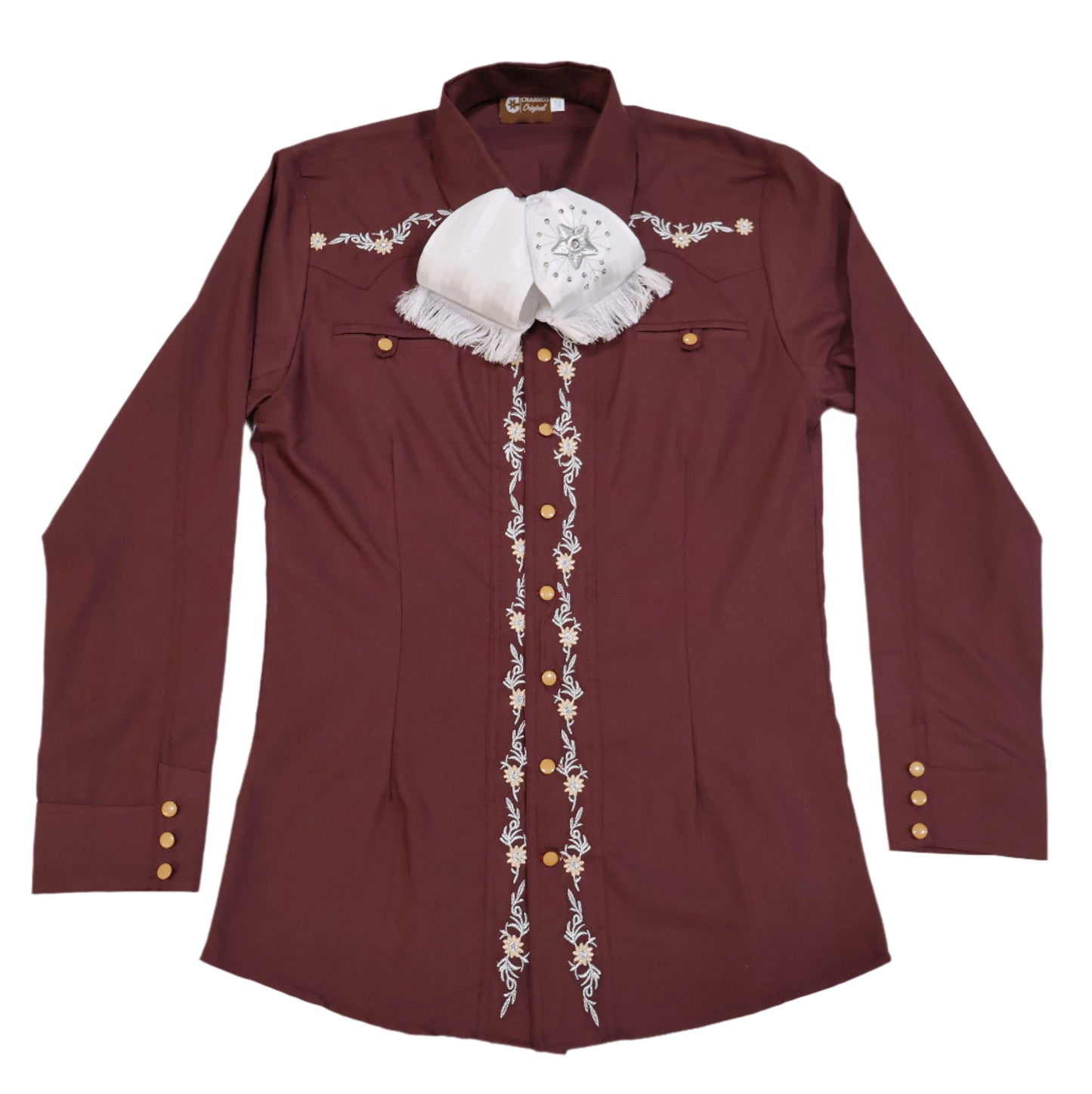 M (38) Charra Burgundy Embroidered Camisa Diseño Charro