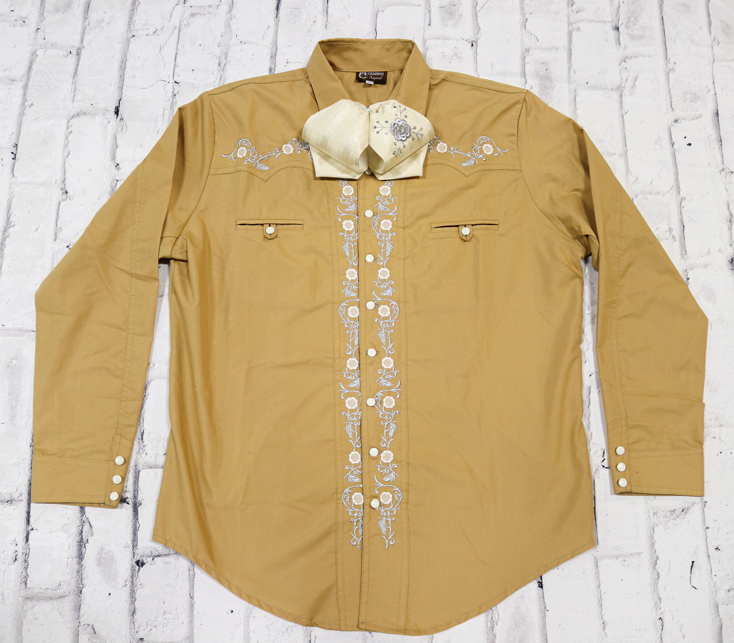 44 (2XL) Charro Mustard Flor Embroidered Shirt Camisa