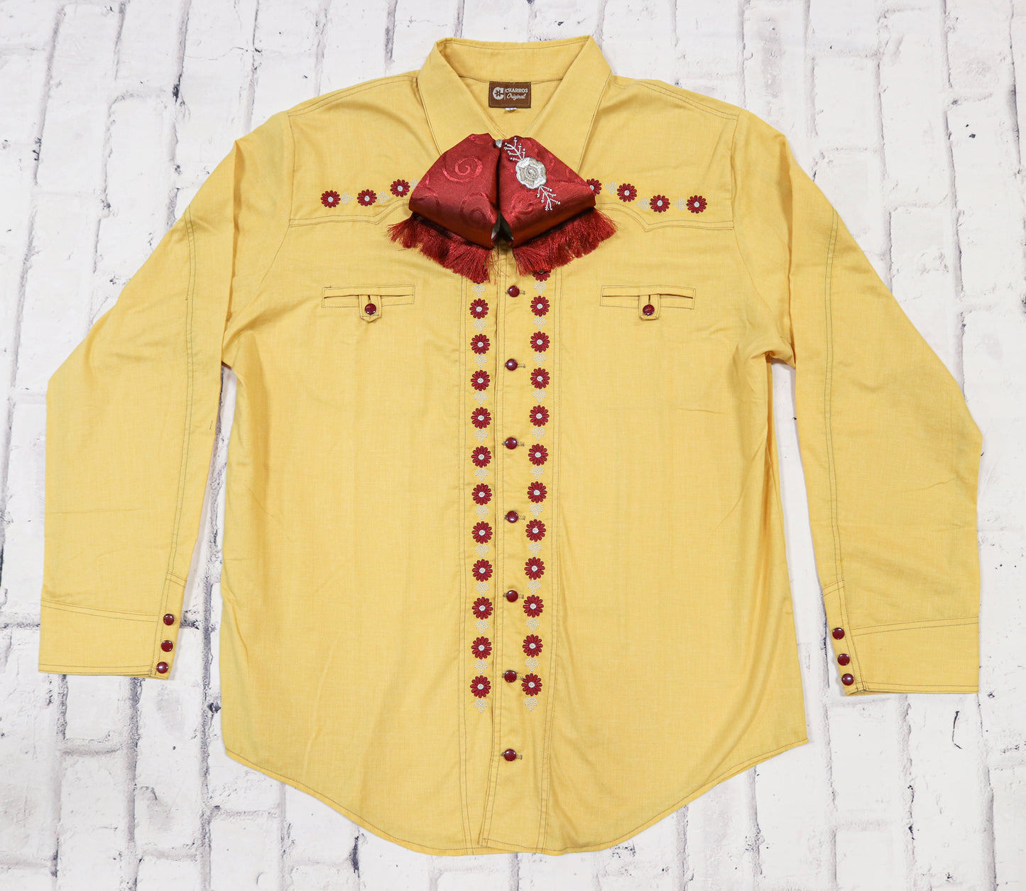 44 (2XL) Yellow Charra Diseno Bordada Camisa