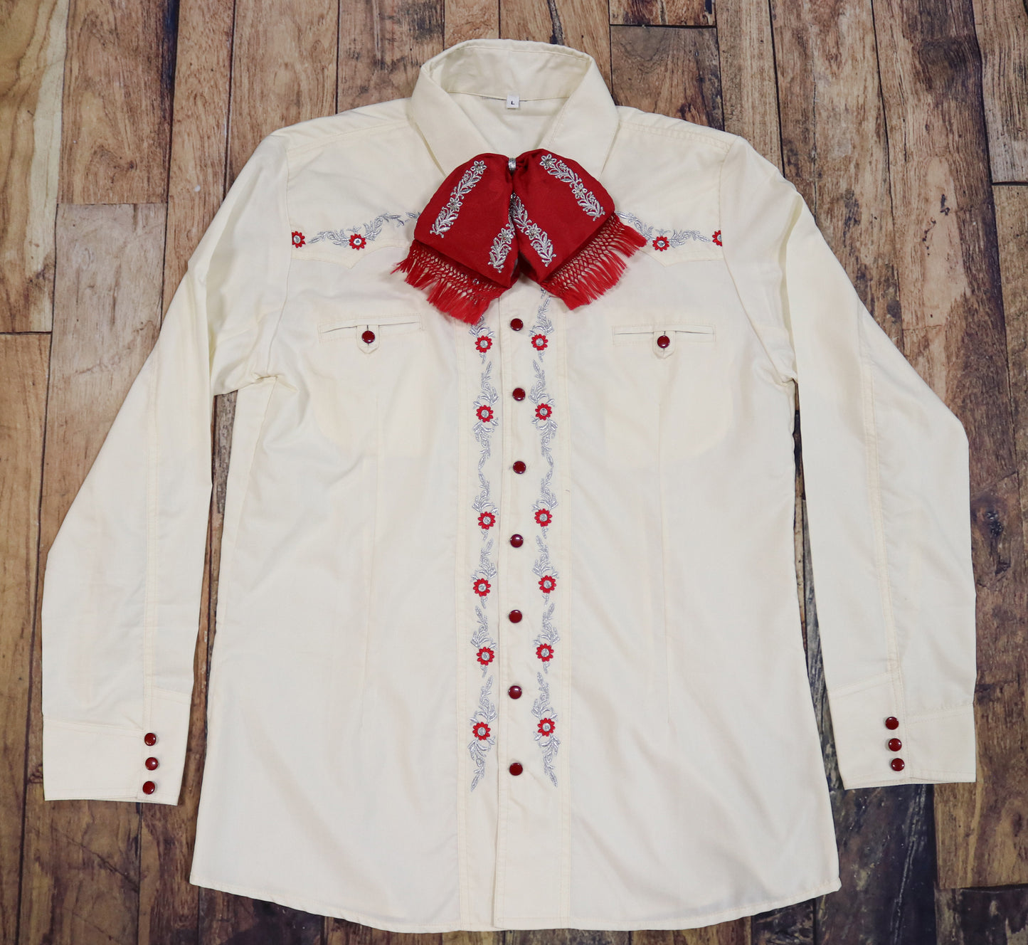 40 (L) Beige Diseño Oro Bordada Charro Camisa Charra