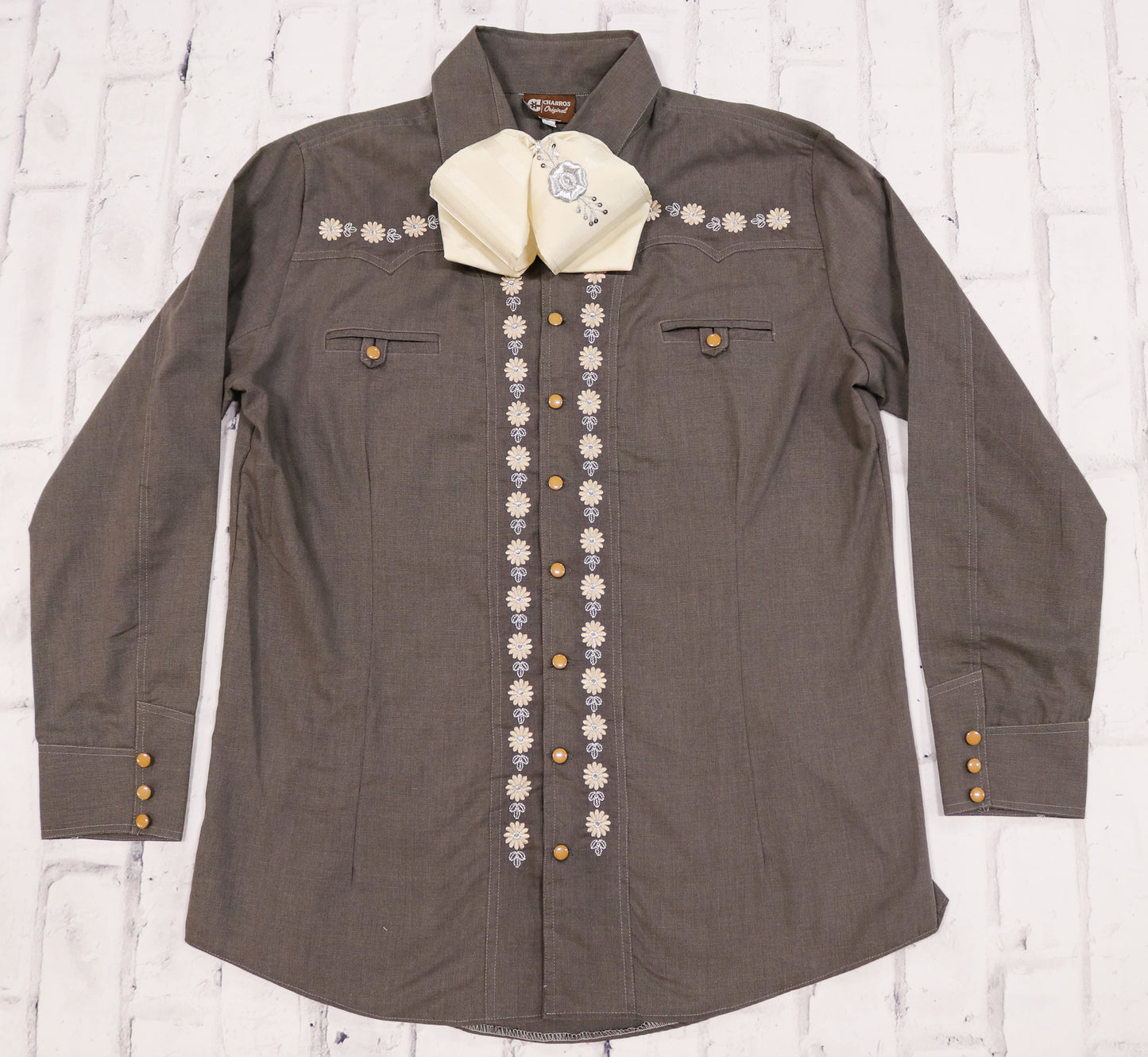 42 (XL) Charro Gris Camisa Charra Diseño Bordada