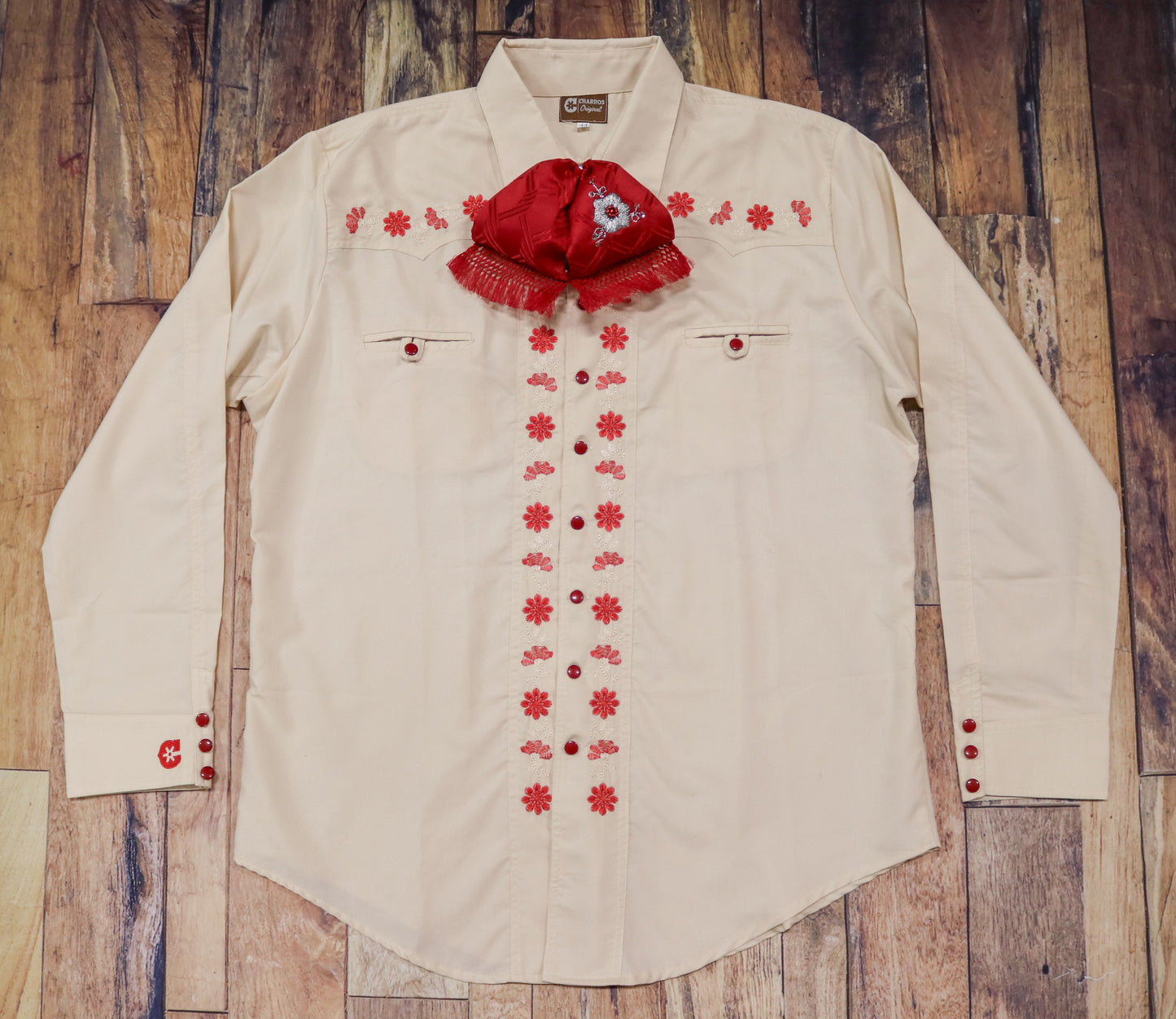 44 (2XL) Tan Camisa Charra Diseño Bordada