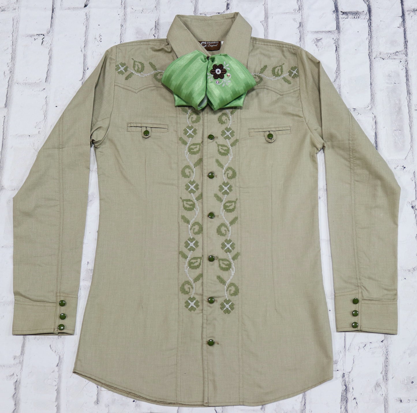 38 (M) Camisa Charro Brown Tan Charra Diseño Bordada