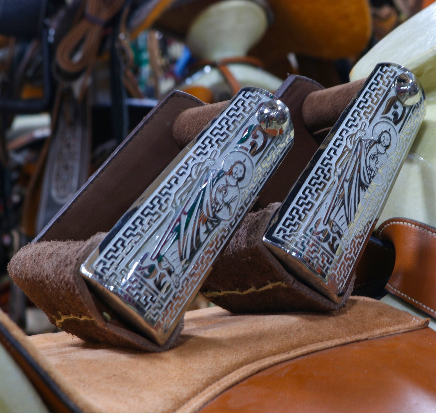 Cafe Estribos San Judas Charros Stainless Steel - M - Royal Saddles - Charro Saddle Parts