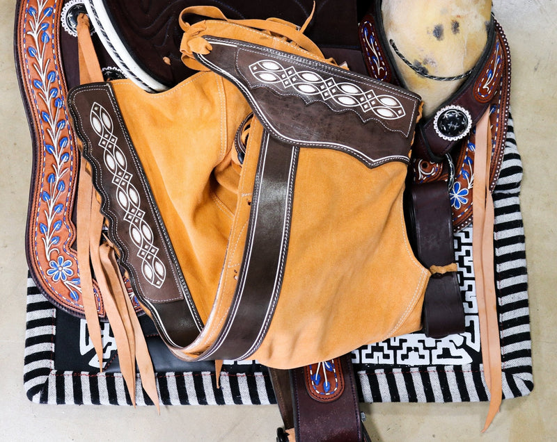 36" Cafe Charros Leather Chaps Chaparreras Gamuza - M - Royal Saddles - Charro Polainas/Chaps