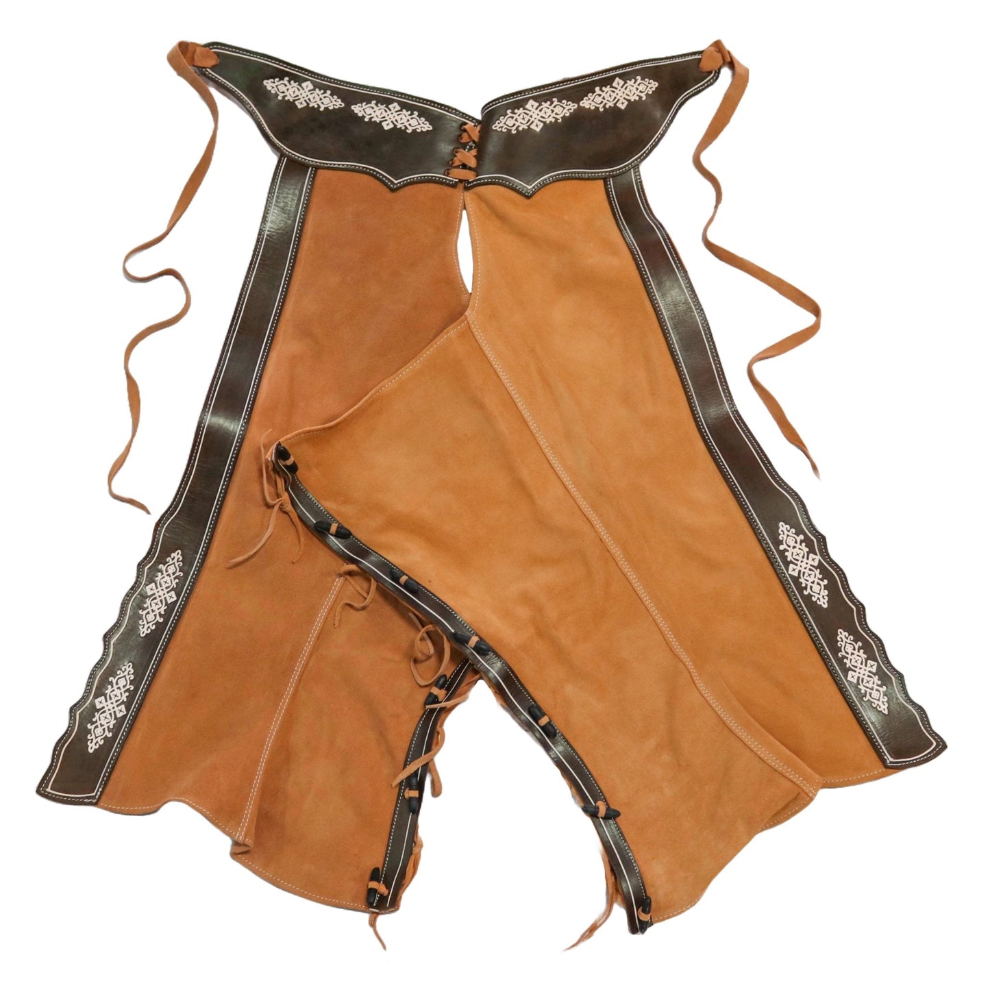 42" Charros Tan Floral Leather Chaps Chaparreras Gamuza - M - Royal Saddles - Charro Polainas/Chaps