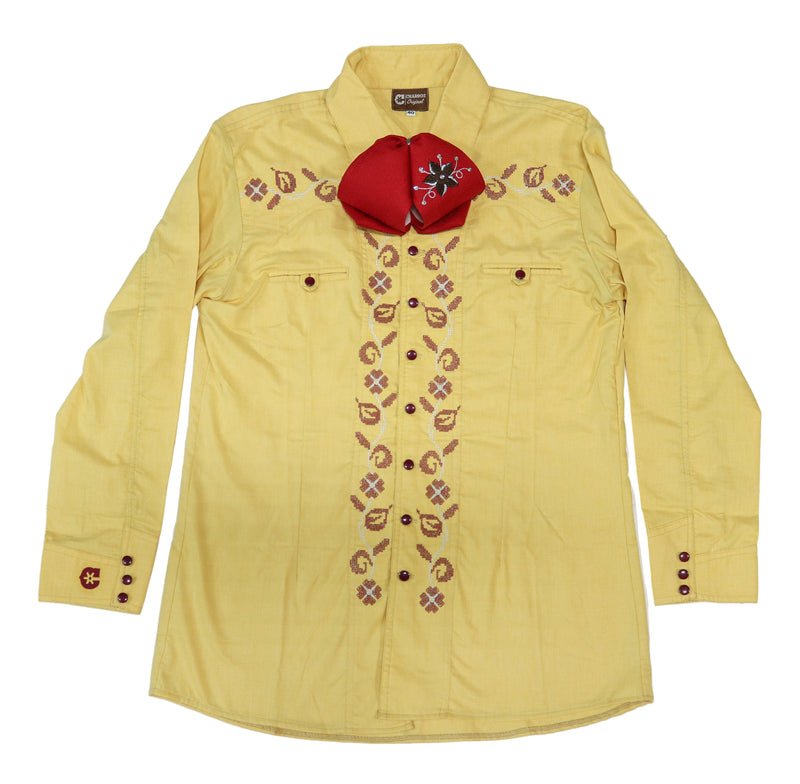 L (40) Charro Lemon Yellow Shirt Camisa Charra Flor Bordada