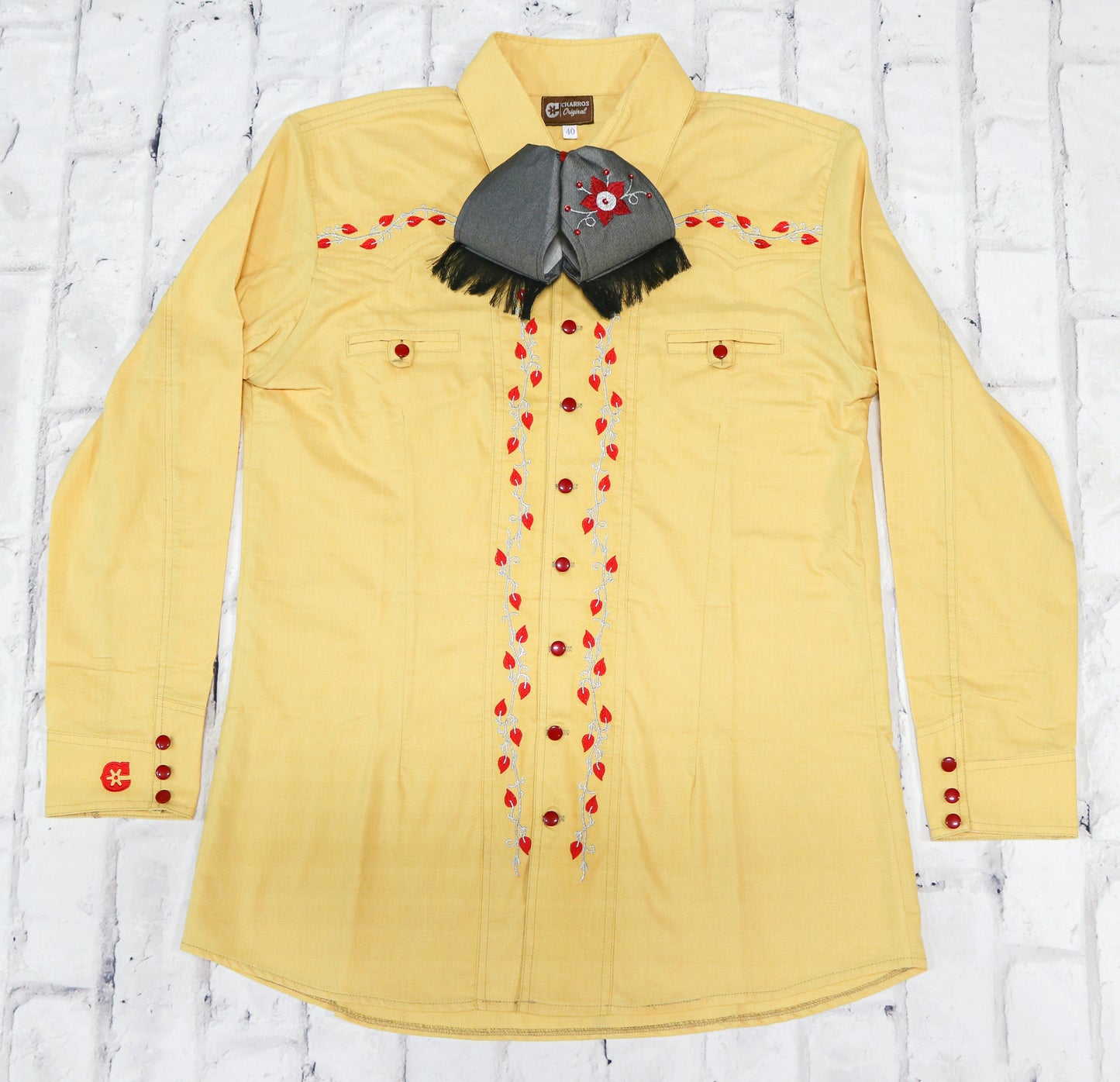 L (40) Yellow Camisa Charra Diseño Bordada