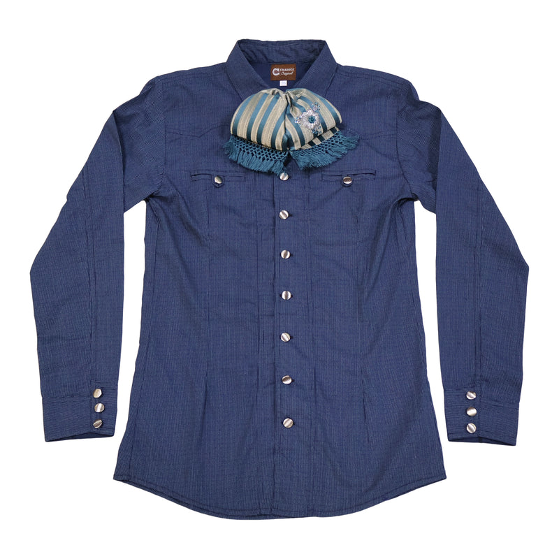 36 (S) Camisa Charra Azul Diseño Estampado Charreria