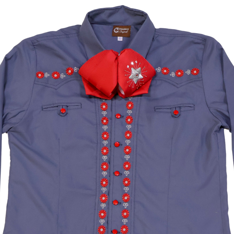 40 (L) Blue Flor Red Charro Shirt Camisa Bordada