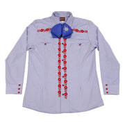Light blue shirt with red floral embroidery and a blue bow tie on a white background