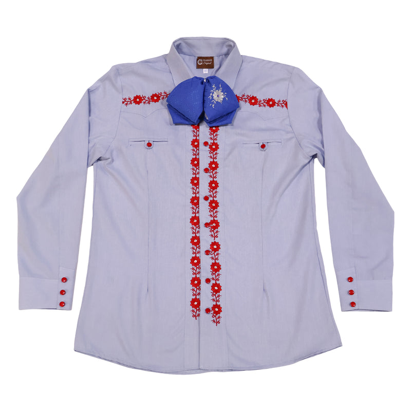 Light blue shirt with red floral embroidery and a blue bow tie on a white background