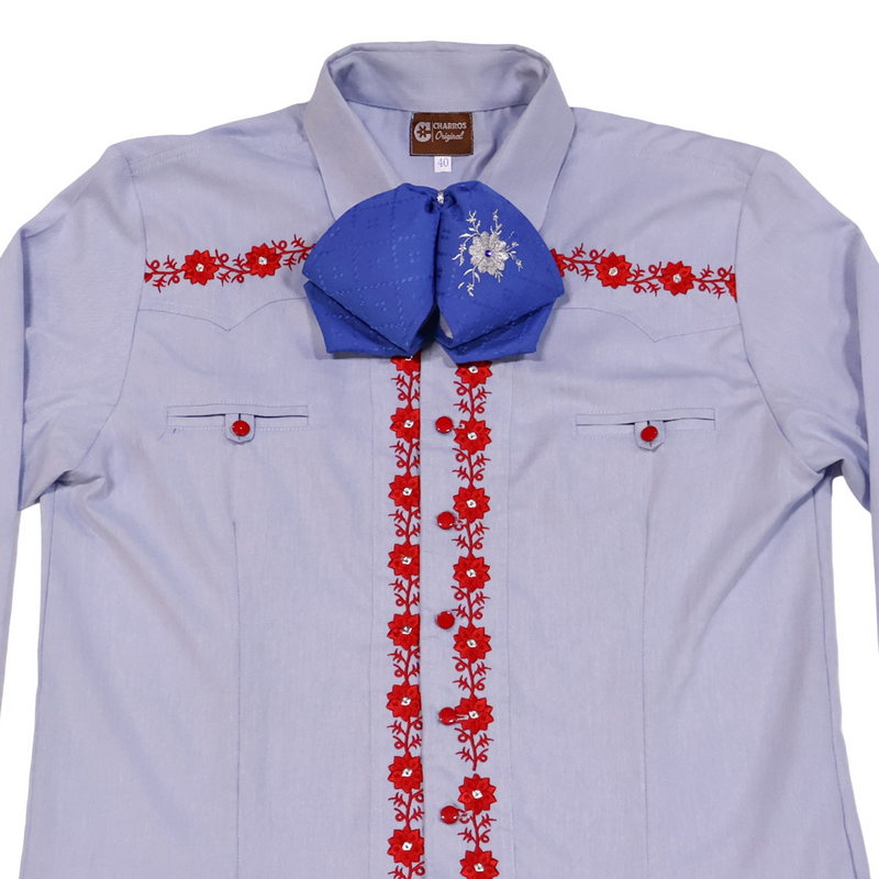 40 (L) Charro Light Blue Shirt Bordada Camisa Charra Flor