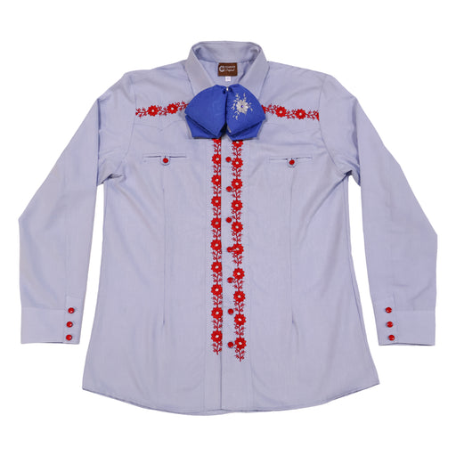 Light blue shirt with red floral embroidery and a blue bow tie on a white background