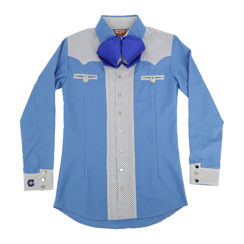 44 (2XL) Camisa Charra Azul Estampado Con Mono Bowtie