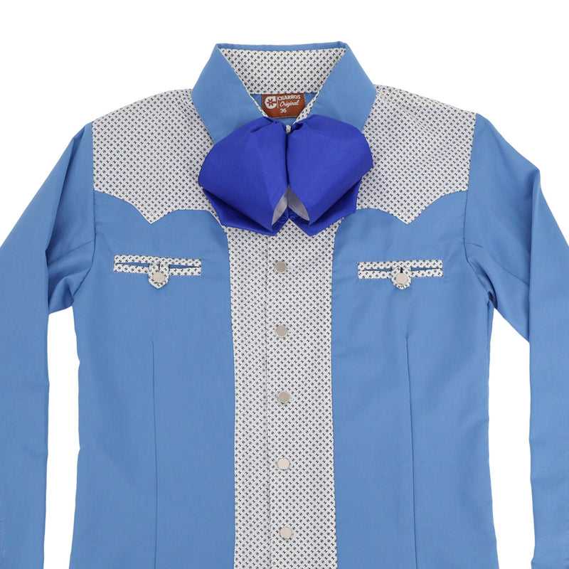 44 (2XL) Camisa Charra Azul Estampado Con Mono Bowtie
