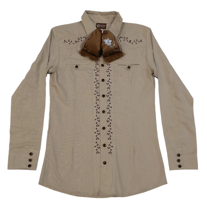 S (36) Khaki Camisa Charra Diseño Bordada
