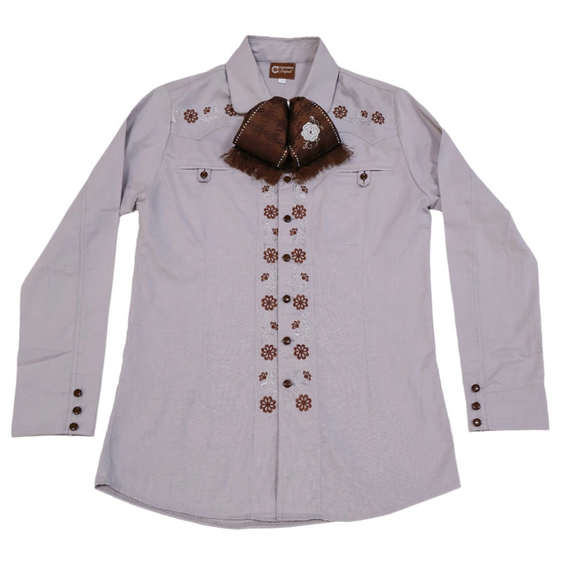 38 (M) Charro Gris Cafe Shirt Camisa Charra Bordada