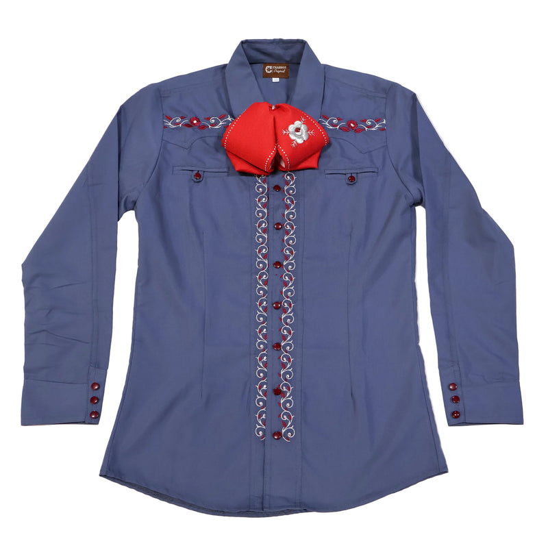 38 (M) Azul Charro Shirt Camisa Charra Bordada