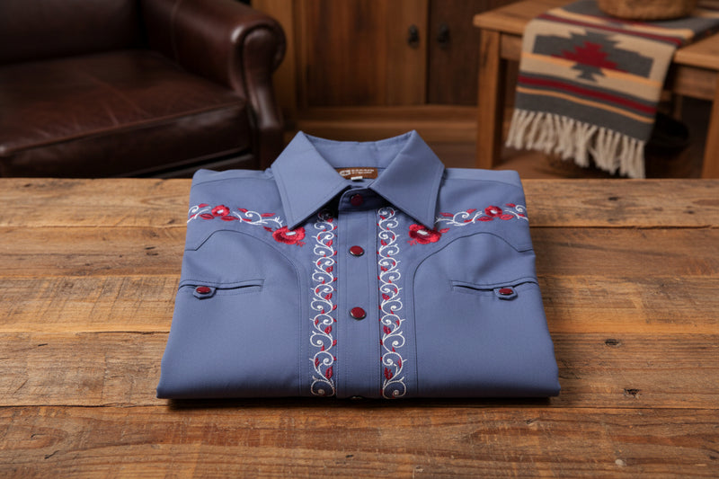 38 (M) Azul Charro Shirt Camisa Charra Bordada