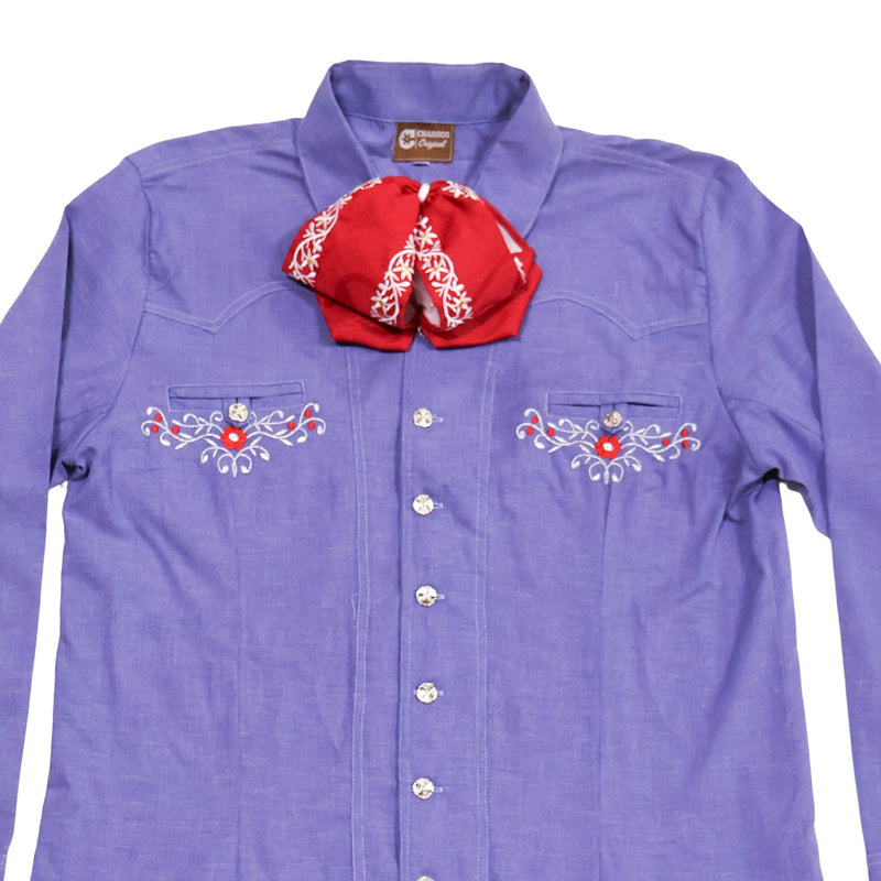 40 (L) Charro Denim Azul Camisa Charra Boton Fino Bordada