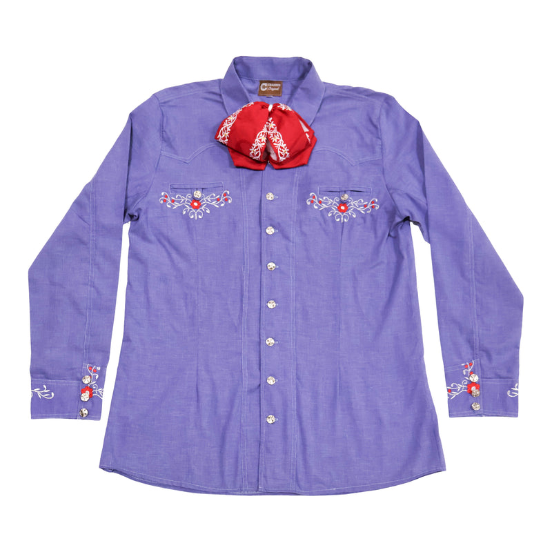 40 (L) Charro Denim Azul Camisa Charra Boton Fino Bordada
