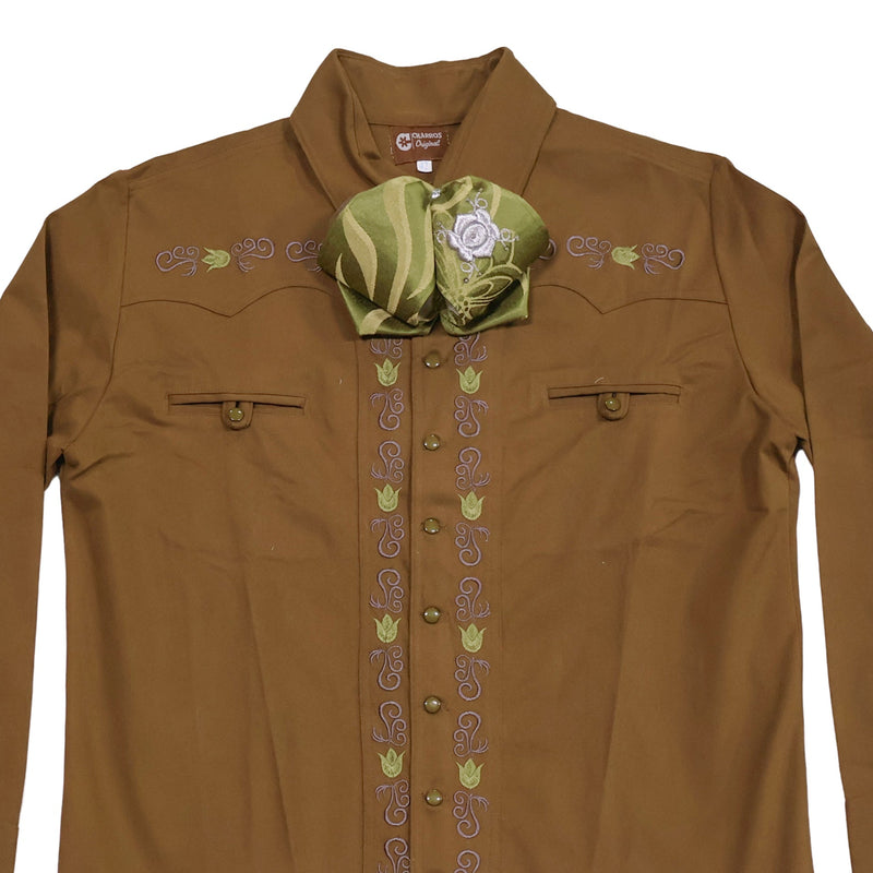 XL (42) Camisa Charra Saddle Brown Heavy Duty Embroidered Charro Dress Shirt