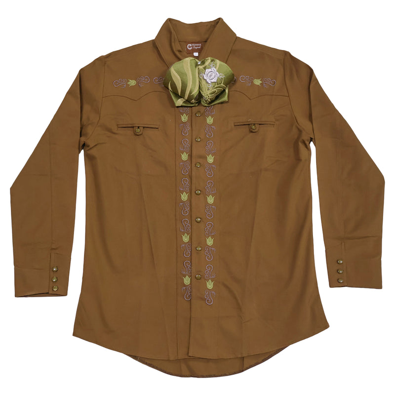 XL (42) Camisa Charra Saddle Brown Heavy Duty Embroidered Charro Dress Shirt