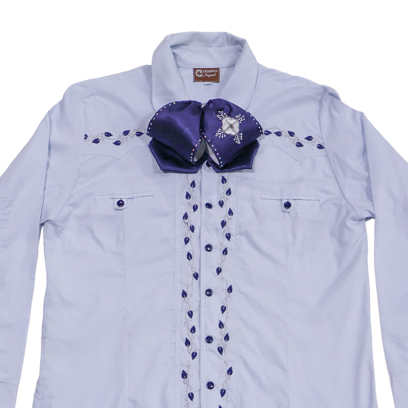40 (L) Charro Shirt Azul Claro Camisa Charra Diseño Bordada