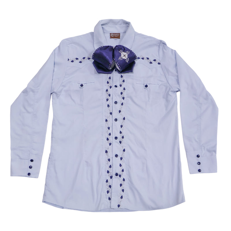 40 (L) Charro Shirt Azul Claro Camisa Charra Diseño Bordada