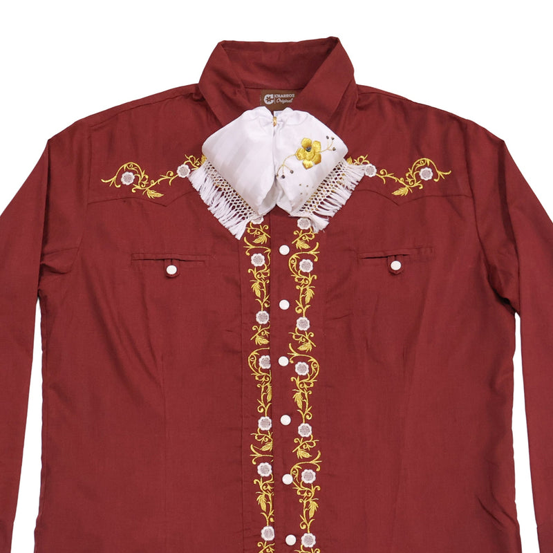 XL (42) Charro Burgundy Diseño Bordada Camisa Charra