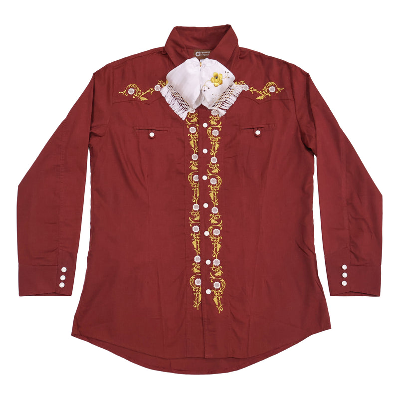 XL (42) Charro Burgundy Diseño Bordada Camisa Charra
