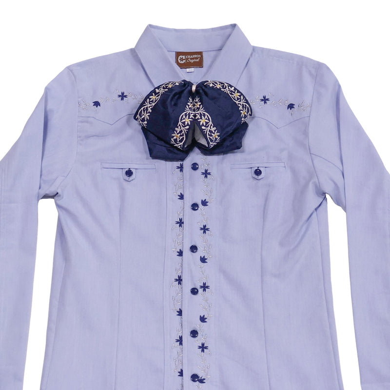 S (36) Sky Blue Embroidered Charro Dress Shirt | Camisa Charra