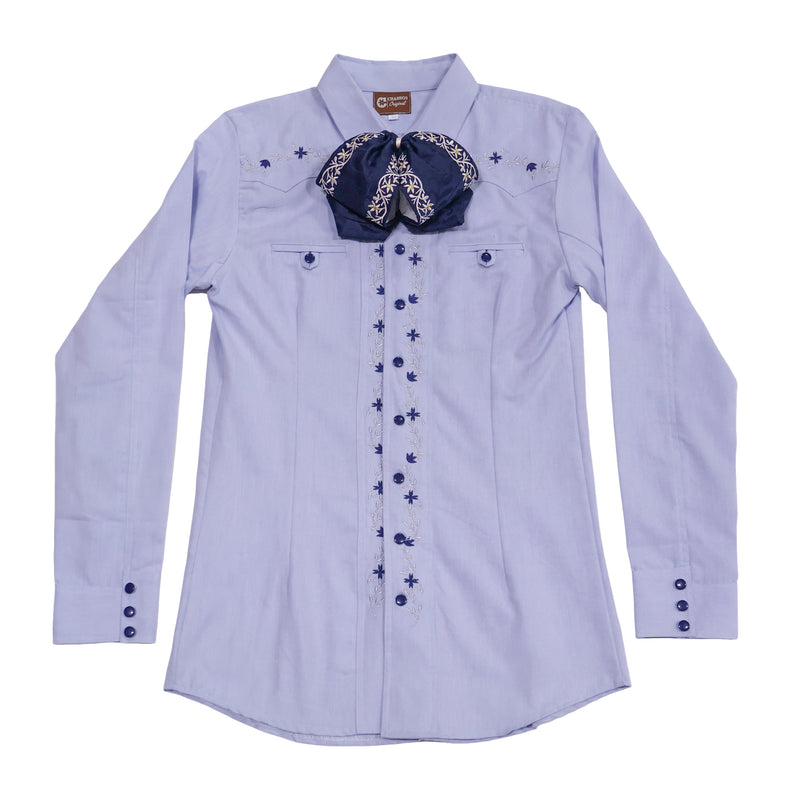 S (36) Sky Blue Embroidered Charro Dress Shirt | Camisa Charra