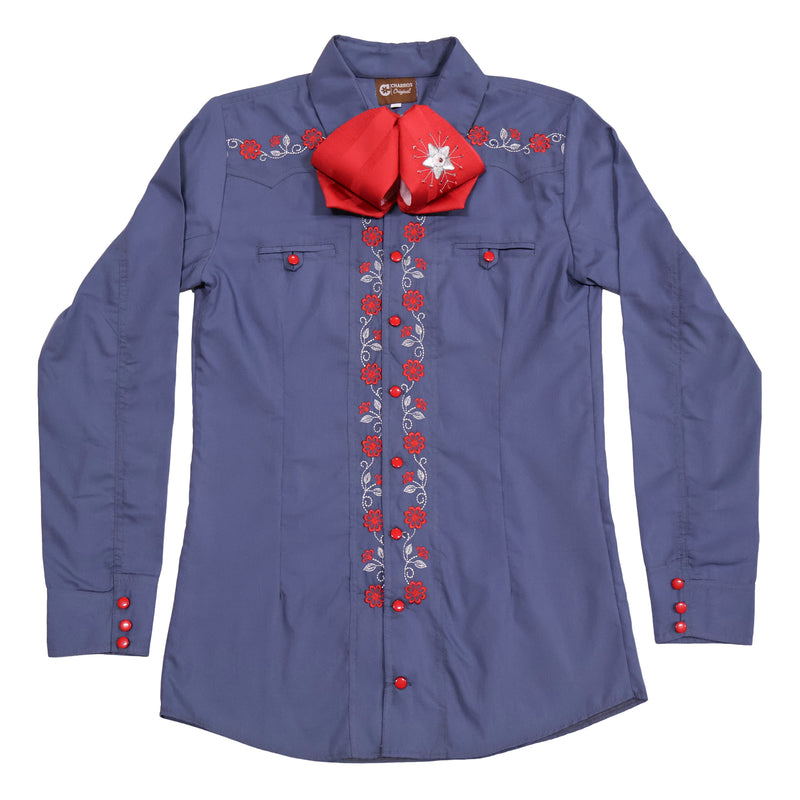 S (36) Steel Blue Camisa Charra Embroidered Charro Dress Shirt