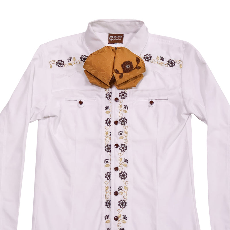 S (36) White Camisa Charra Embroidered Charro Dress Shirt