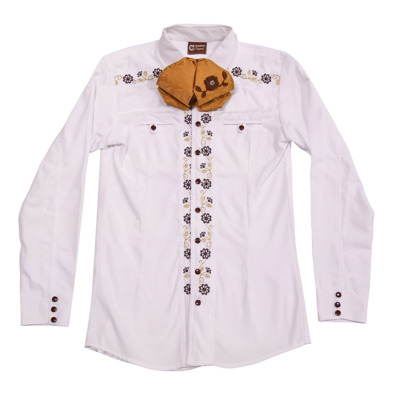 S (36) White Camisa Charra Embroidered Charro Dress Shirt
