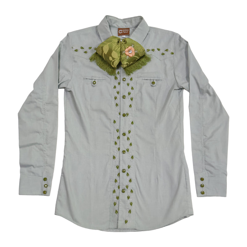 S (36) Sage Green Embroidered Charro Dress Shirt | Camisa Charra
