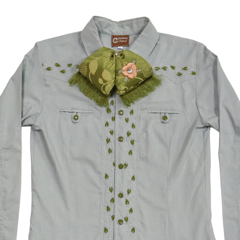 S (36) Sage Green Embroidered Charro Dress Shirt | Camisa Charra