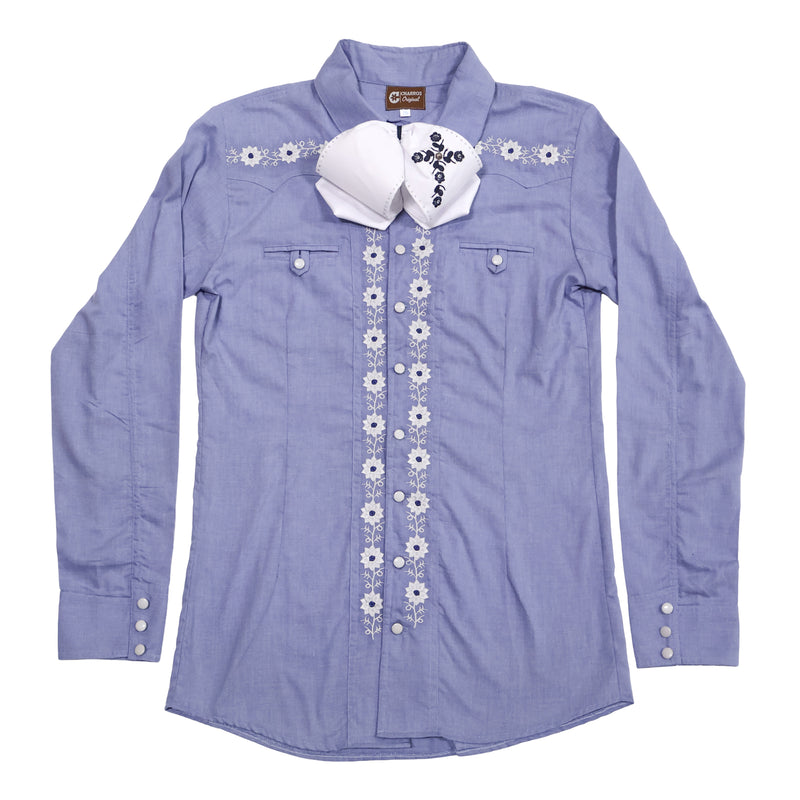 S (36) Ice Blue Embroidered Charro Dress Shirt | Camisa Charra
