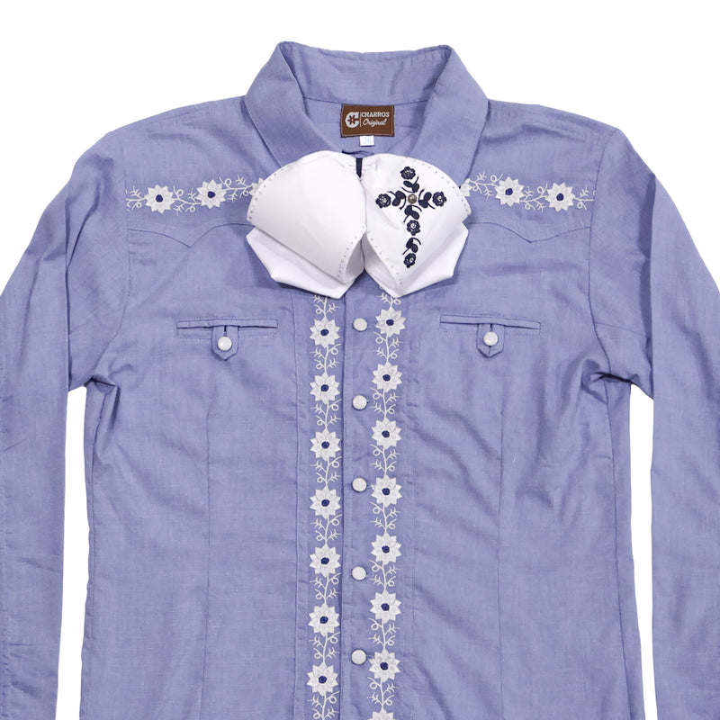 S (36) Ice Blue Embroidered Charro Dress Shirt | Camisa Charra