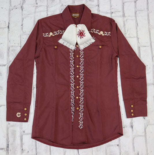 38 (M) Camisa Maroon Charra Charreria Diseño Bordada