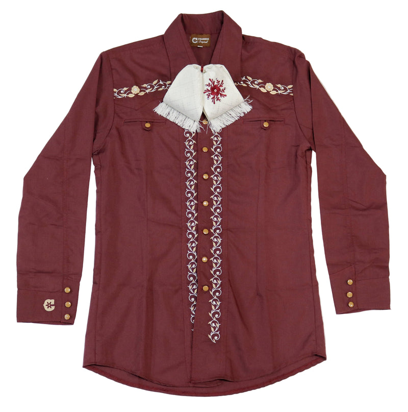 38 (M) Camisa Maroon Charra Charreria Diseño Bordada