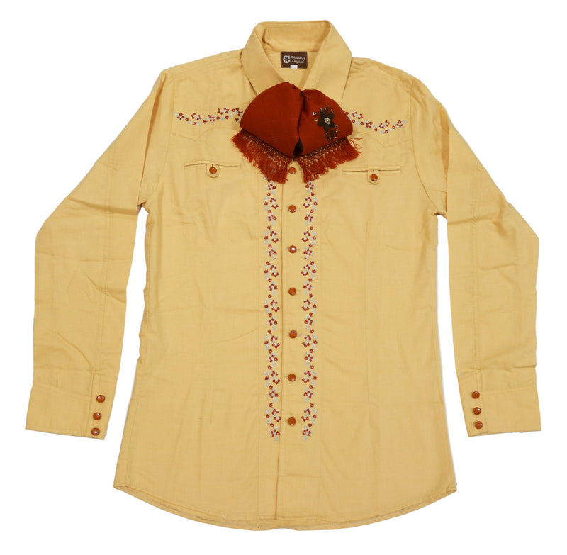 38 (M) Yellow Charra Camisa Diseño Bordada Charro Shirt
