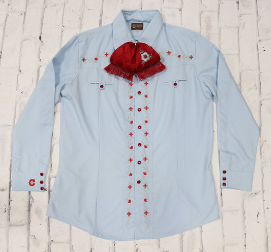 XL (42) Charro Light Blue Flor Rojo Camisa Charra Bordada