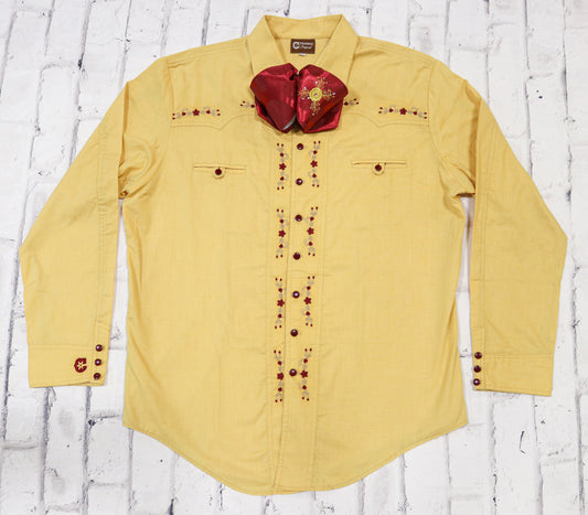 44 (2XL) Charro Yellow Shirt Charra Bordada Camisa