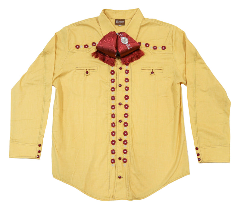 44 (2XL) Yellow Charra Diseno Bordada Camisa